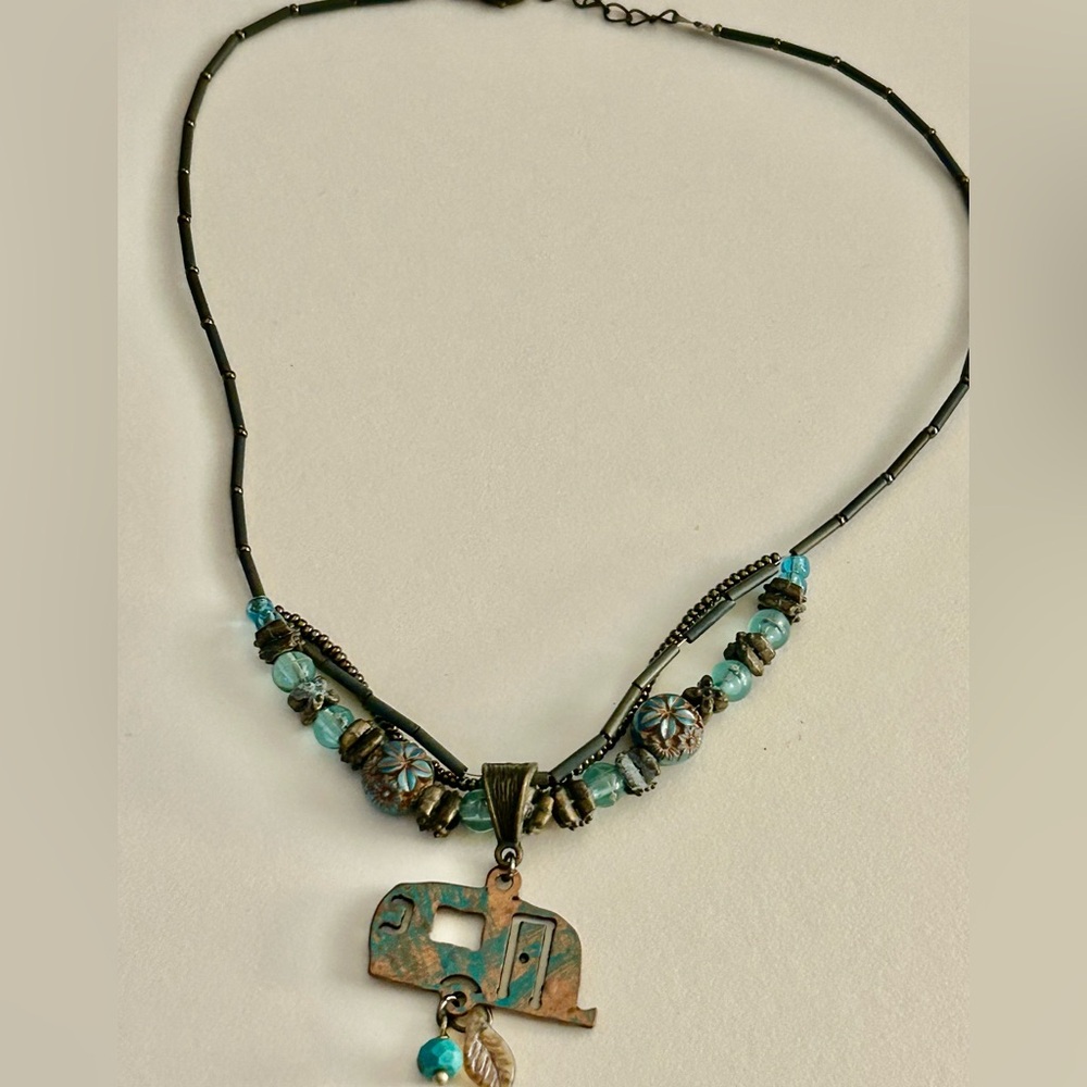 Necklace Camping Trailer Copper pendant w flower, seed, tube, leaf beads blues